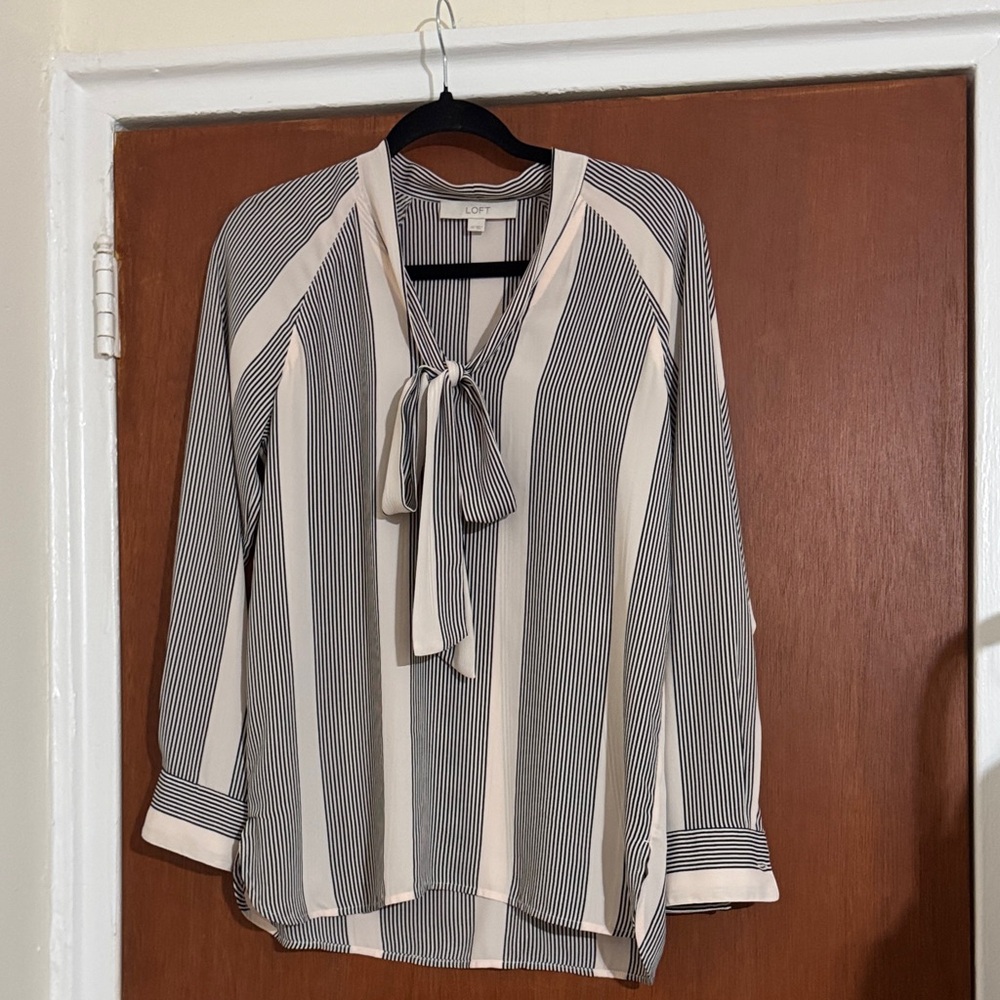 LOFT Women's Blouse with Tie Neck - Black and Cream Stripes